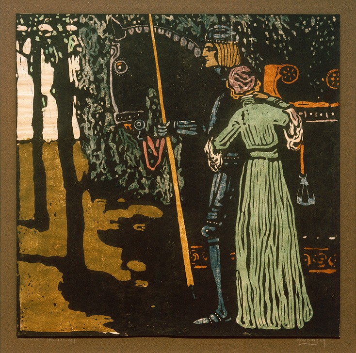 Wassily Kandinsky, Abschied (Abschied (Verabschieden),Bauhaus,Frau,Geschichte,Helm,Jugendstil,Kopfbedeckung,Kunst,Liebe,Liebe Und Ehe,Liebespaar,Mann,Mensch,Pferd (Tier),Ritter,Rüstung (Schutzkleidung),Waffe,Reiter,Expressionismus,Lanze,Der Blaue Reiter,Russische Kunst,Rückenfigur,Pa)