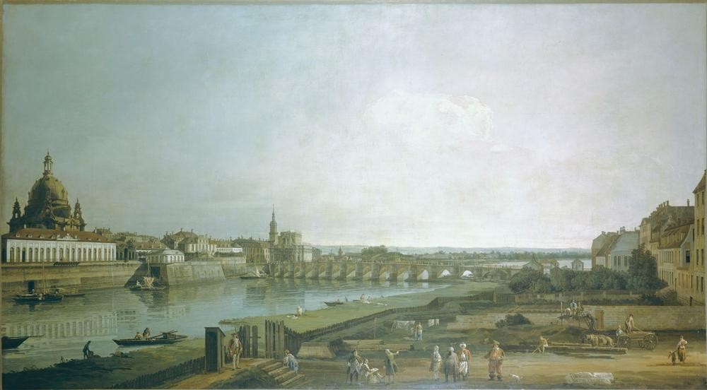 Bernardo Bellotto, Dresden vom rechten Elbufer oberhalb der Augustusbrücke (Dresden, Fluss, Elbe, Brücke,  Architektur, Gebäude, Vedute, historische Stadt, Rokoko, Malerei, Wohnzimmer, Wunschgröße, Klassiker, bunt)