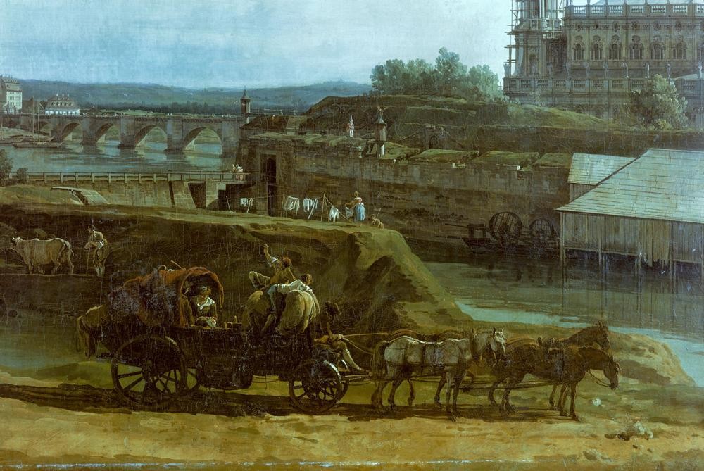 Bernardo Bellotto, Dresden vom linken Elbufer unterhalb der Festungswerke (Städte, Dresden, Architektur, Gebäude,Baustelle, Fuhrwerk, Fluss, Elbe, historisch, Rokoko, Malerei, Wohnzimmer, Wunschgröße, Klassiker, bunt)