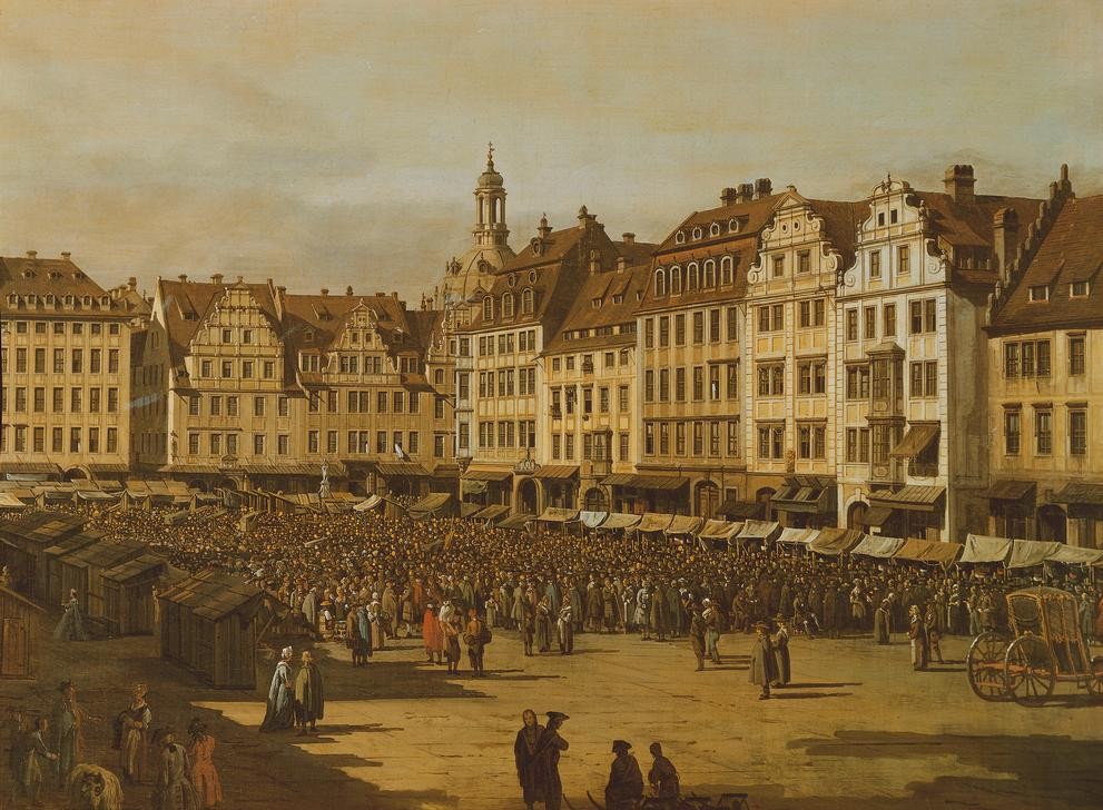 Bernardo Bellotto, Der Altmarkt zu Dresden von der Seestraße aus (Städte, Dresden, Architektur, Gebäude, Marktplatz, Handel, Menschen, Menge, Alltagsszene, historisch, Rokoko, Malerei, Wohnzimmer, Wunschgröße, Klassiker, bunt)