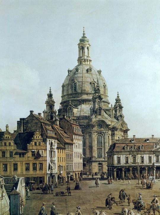 Bernardo Bellotto, Der Neumarkt in Dresden, vom Jüdenhofe aus (Städte, Dresden, Architektur, Gebäude, Frauenkirche, Marktplatz,  Menschen,  Alltagsszene, historisch, Rokoko, Malerei, Detail, Wohnzimmer, Wunschgröße, Klassiker, bunt)