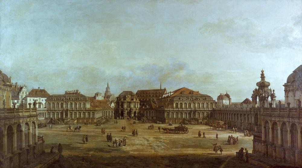 Bernardo Bellotto, Der Zwingerhof in Dresden (Städte, Dresden, Architektur, Gebäude, Zwinger, Platz, Menschen, Vedute, historisch, Rokoko, Malerei, Wohnzimmer, Wunschgröße, Klassiker, bunt)
