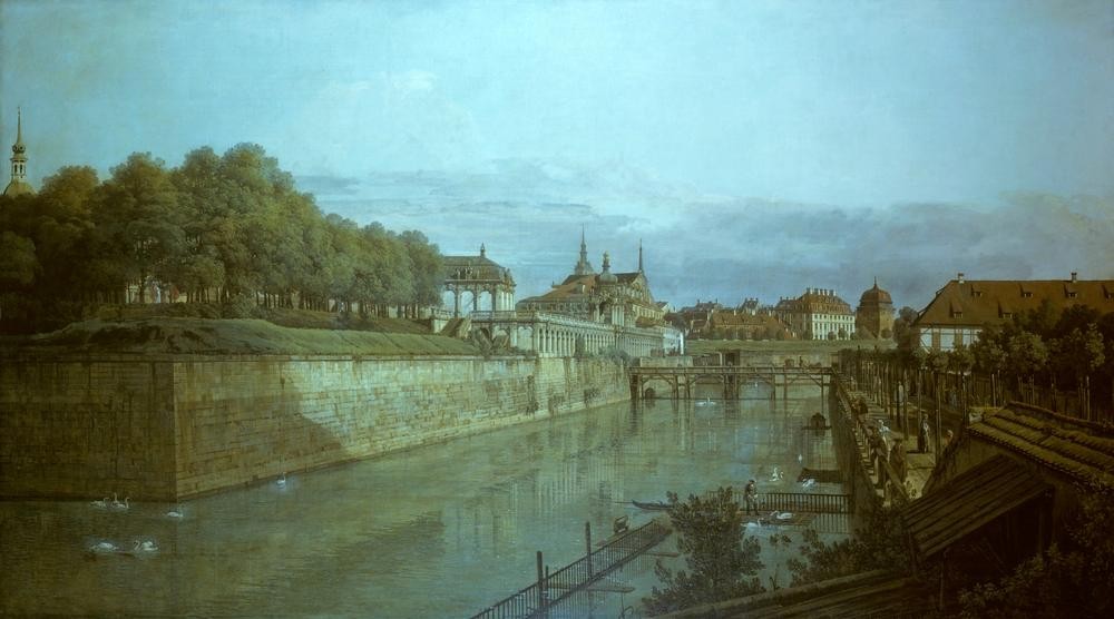 Bernardo Bellotto, Der Zwingergraben in Dresden (Städte, Dresden, Architektur, Gebäude, Wassergraben, Zwinger,   Vedute, historisch, Rokoko, Malerei, Wohnzimmer, Wunschgröße, Klassiker, bunt)