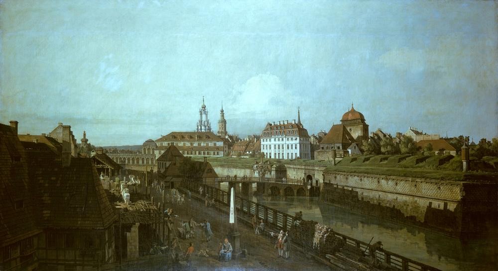 Bernardo Bellotto, Die Saturnbastei mit dem Wilschen Tor (Städte, Dresden, Saturnbastei, Fluss, Elbe, Architektur, Gebäude, historisch, Malerei, Rokoko, Wohnzimmer, Wunschgröße, Klassiker, bunt)