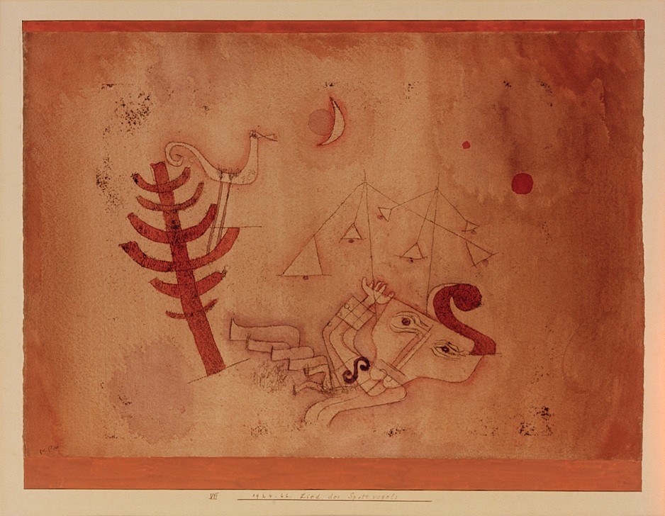 Paul Klee, Lied des Spottvogels (Bauhaus,Biologie,Deutsche Kunst,Garten Und Park,Kunst,Landschaft,Mensch,Mond,Musik,Vogel,Zoologie,Tageszeiten,Nacht,Spott,Baum,Expressionismus,Der Blaue Reiter,Abstrakte Kunst,Schweizerische Kunst,Lied,Ironie,Halbmond,Zuhören,Tier,Braun,Abstraktion,Ornith)