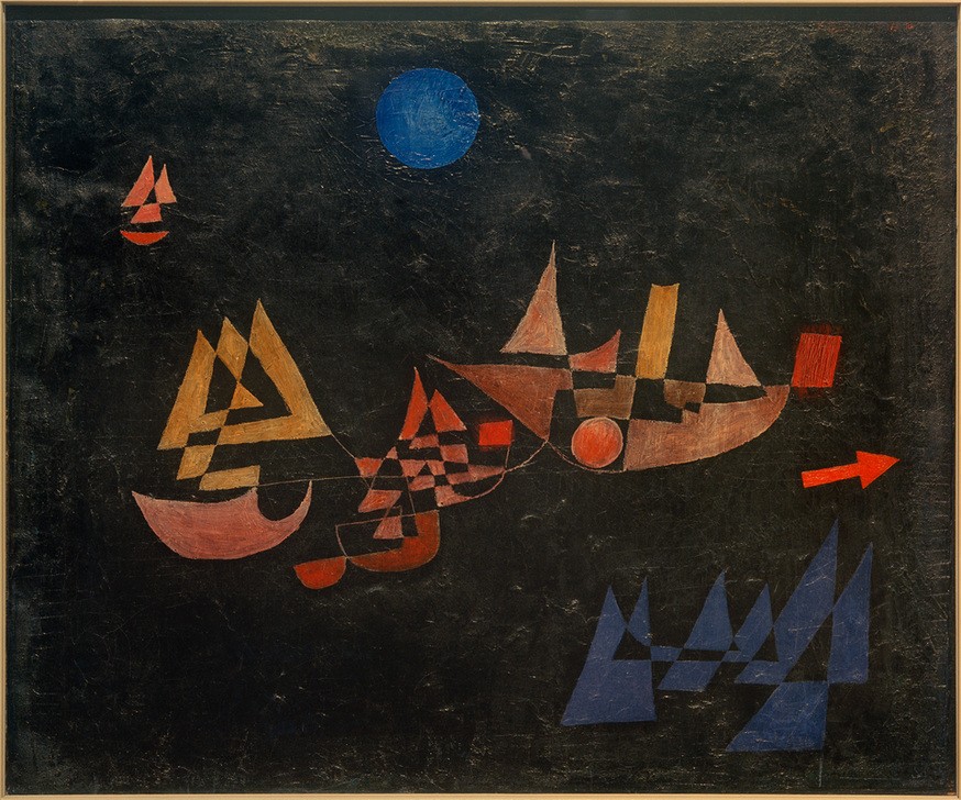 Paul Klee, Abfahrt der Schiffe (Bauhaus,Boot,Deutsche Kunst,Geometrie,Kunst,Landschaft,Mond,Pfeil,Schiff,Schiffstypen,Segelschiff,Verkehr,Tageszeiten,Nacht,Meer,Segelboot,Expressionismus,Reise,Geometrisch,Der Blaue Reiter,Abstrakte Kunst,Schweizerische Kunst,Kreis,Vollmond,Dreieck,Schwa)
