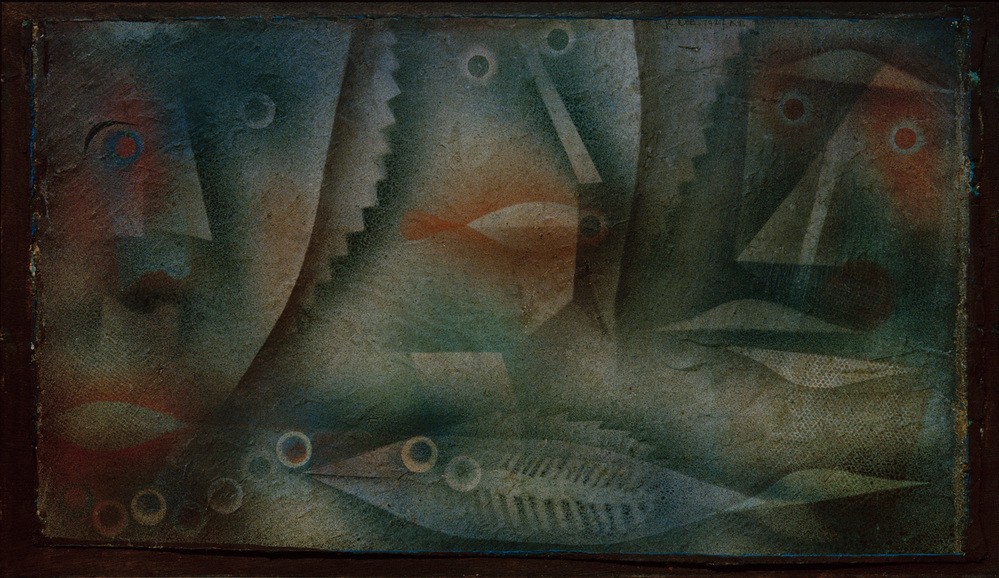 Paul Klee, Fisch=Leute (Bauhaus,Biologie,Deutsche Kunst,Kunst,Mensch,Mythologie,Zoologie,Fisch,Allegorie,Fabelwesen,Expressionismus,Der Blaue Reiter,Abstrakte Kunst,Schweizerische Kunst,Gesicht,Unterwasserwelt,Tier,Abstraktion,Grau,Fischmensch,Mensch Und Tier,Farbe)