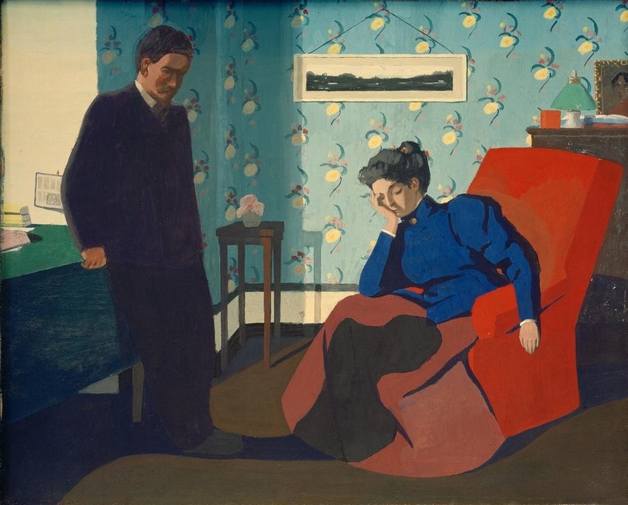 Felix Vallotton, Intérieur fauteuil rouge et figures (Architektur,Frau,Mann,Sitzmöbel,Wohnung,Interieur,Französische Kunst,Schweizerische Kunst,Paar,Sessel,Nabis,Sitzen,Kopf Stützen)