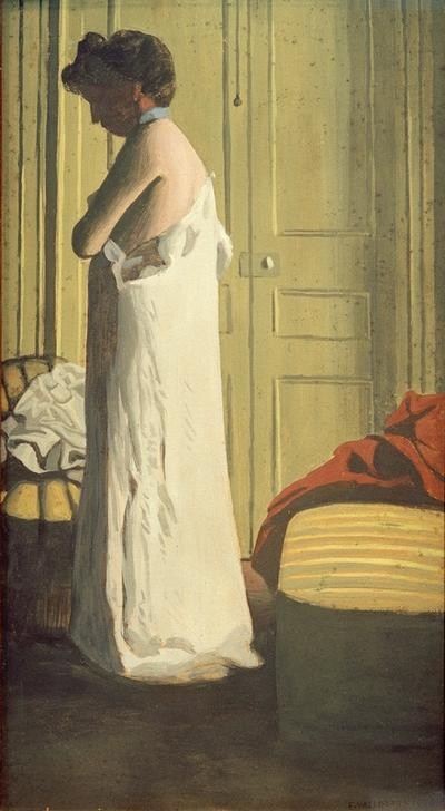 Felix Vallotton, Femme retirant sa chemise (Frau,Mode,Toilette (Körperpflege),Ankleiden,Interieur,Französische Kunst,Schweizerische Kunst,Hemd,Entkleiden,Frauenleben,Nabis,Jahrhundertwende,Flügeltür)