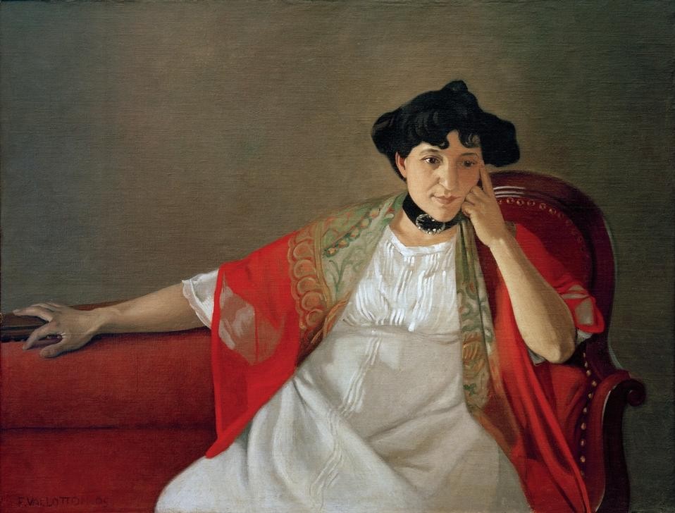 Felix Vallotton, Gabrielle Vallotton (Ehefrau,Grafiker,Frau,Jugendstil,Maler (Künstler),Ehefrau Von Berühmten,Portrait,Nachdenken,Künstlerfrau,Französische Kunst,Schweizerische Kunst,Chaise-Longue,Nabis,Unterkleid,Halsband,Sitzen,Jahrhundertwende,Kopf Stützen,Person)