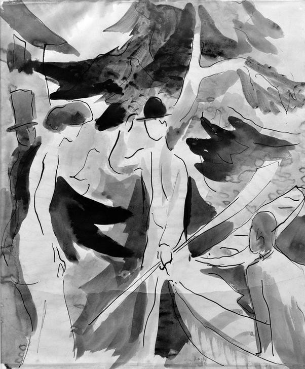 August Macke, Leute auf der Strasse am Wasser (Ausflug,Deutsche Kunst,Frau,Gesellschaftliches Leben,Gesellschaft,Herrenhut,Kopfbedeckung,Kunst,Freizeit,Ruderboot,Spaziergang,Urlaub,Expressionismus,Der Blaue Reiter,Dame,Ruder,Flanieren,Melone (Hut),Promenade)