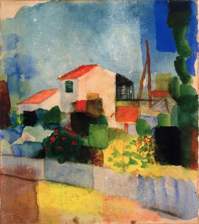 August Macke, Das helle Haus (1. Fassung) (Architektur, Häuser, Gebäude Tunisreise, Malerei, Expressionismus, Wohnzimmer, Treppenhaus, Klassische Moderne, Wunschgröße, bunt)