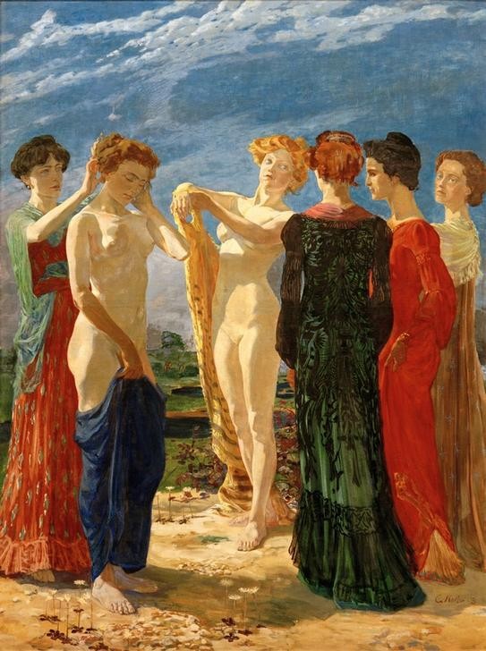 Georg Kolbe, Ein Sommertag (Körperpflege,Bad Im Freien,Bad,Deutsche Kunst,Frau,Gruppenbild,Jahreszeiten,Kunst,Freizeit,Sommer,Symbolismus,Akt,Ehefrau Von Berühmten,Portrait,Nachdenken,Künstlerfrau,Licht,Im Freien (Allgemein),Sonnenlicht,Kontemplation,Gedanken,Jahrhundertwende,Junge)