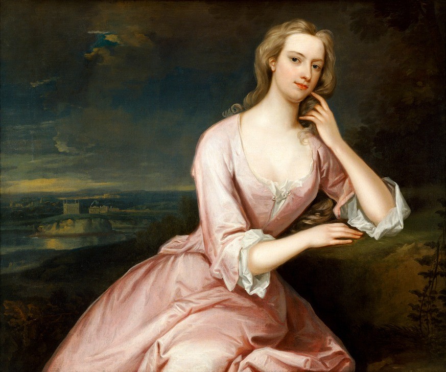 Charles Jervas, Henrietta Howard, Countess of Suffolk (Frau,Kunst,Landhaus,Schönheit,Portrait,Adel,Kleid,Dame,Gebäude,Farbe)