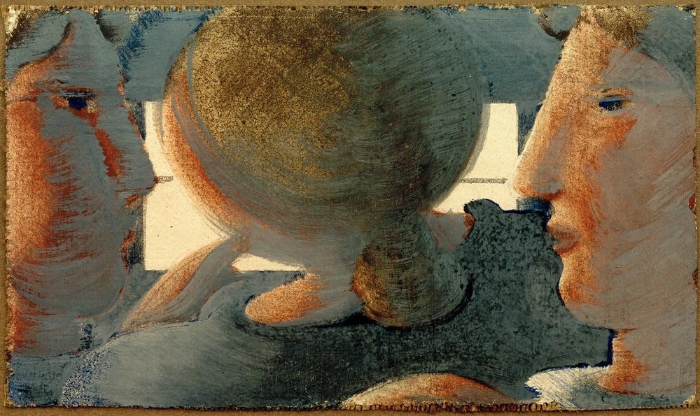 Oskar Schlemmer, Drei Köpfe vor Fenster (Bauhaus,Deutsche Kunst,Fenster,Frau,Gruppenbild,Kunst,Mann,Mensch,Portrait,Rückenfigur,Gegenlicht,Profil,Kopf,Junge Frau,Junger Mann)
