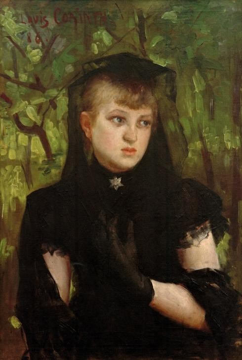 Lovis Corinth, Porträt Frau Behn (Damenmode,Deutsche Kunst,Frau,Mensch,Mode,Trauer,Schleier,Realismus,Portrait,Melancholie,Traurigkeit,Junge Frau,Schwarz,Halbfigur)