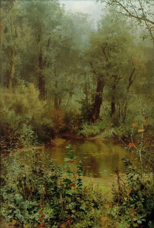 Wassili Dmitrijewitsch Polenow, Waldweiher (Wald, Bäume, Tümpel, Natur, Sommer, Wunschgröße, Wohnzimmer, Treppenhaus, Malerei, Klassiker, grün/bunt)