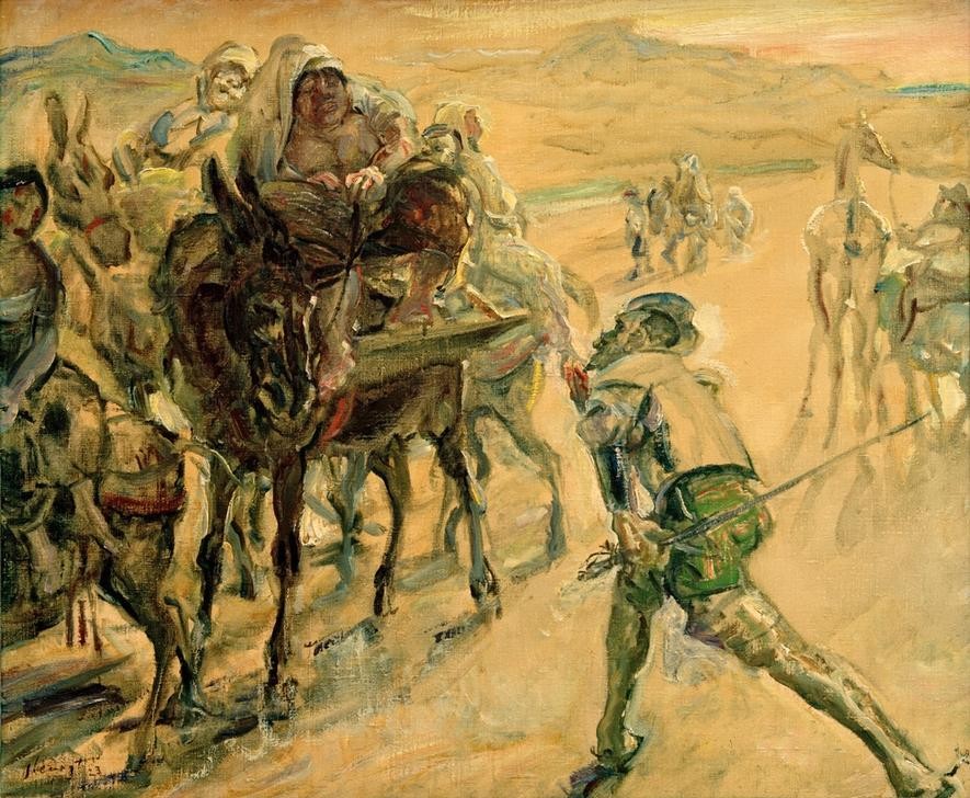 Max Slevogt, Don Quijote und Dulcinea  (Literatur, Ritter von der traurigen Gestalt, Angebetete, Pferde, Reiter, Skizze, Wohnzimmer, Treppenhaus, Impressionismus, Klassische Moderne, Malerei, Wunschgröße, bunt)