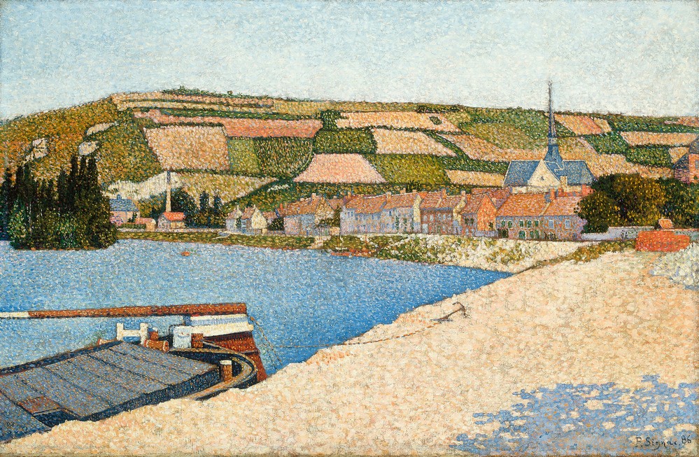 Paul Signac, Les Andelys, Côte d’Aval (Boot,Dorf,Hafen,Kunst,Sommer,Fluss,Pointillismus,Französische Kunst,Feld)