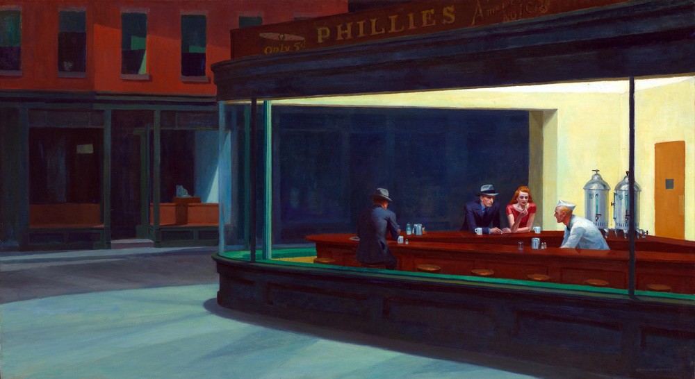Edward Hopper, Nighthawks  (American Scene, Malerei, Realismus, Gebäude und Architektur, Bar, Theke, Barkeeper, Glasscheibe, Fenster, Einblick, Menschen, Nachtschwärmer, Wohnzimmer, Wohnzimmer, Wunschgröße, bunt)