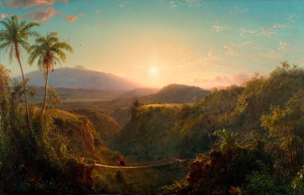 Frederic Edwin Church, Pichincha (Brücke, Hängebrücke, Schlucht, Landschaft, Landschaftmalerei, Gebirge, Palmen, Reiterin, Sonnenuntergang, Ecuador, Lateinamerika, Wunschgröße, Klassiker, Romantik, Wohnzimmer)