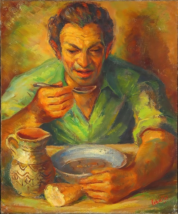 Rene Seyssaud, Das Mittagessen eines Arbeiters (ARBEITER, BROT, ESSEN UND TRINKEN, MANN, TISCH, SUPPE, PORTRAIT, MITTAGESSEN, TELLER, FRANZÖSISCHE KUNST, LÖFFEL, BRUSTBILD, LAND UND LEUTE, KRUG, ESSEN (NAHRUNG))