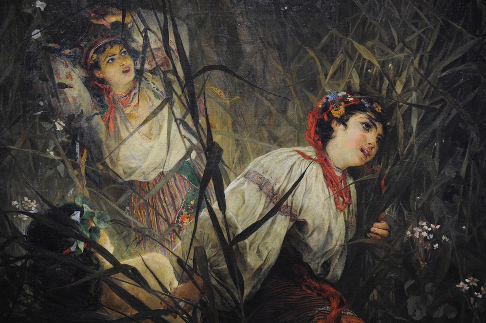 Witold Pruszkowski,  Wassernymphen (Frau,Geschichte,Kunst,Mythologie,Nacht,Nymphe,Symbolismus,Malen,Europäer (F M),Rahmen,Pfahl)