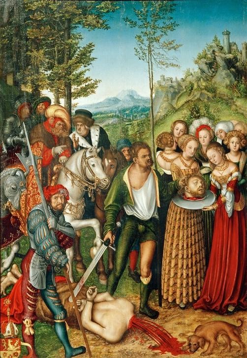 Lucas Cranach der Ältere, Enthauptung Johannes des Täufers (Blut,Christentum,Deutsche Kunst,Enthaupten,Hinrichtung,Kunst,Landschaft,Leiche,Pferd (Tier),Recht,Religion,Schwert,Tod,Reiter,Selbstbildnis,Renaissance,Hund,Triptychon,Grausamkeit,Neues Testament,Bibel,Portrait,Henker,Johannesschüssel,Hellebardier,Tier,Ha)
