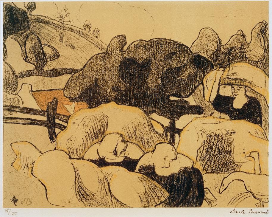Emile Bernard, Bretonneries 4. Femmes faisant les foins (Frauen bei der Heuernte) (Arbeit,Ernte,Frau,Landschaft,Heu,Gans (Zoologie),Bäuerin,Französische Kunst,Landleben,Frauenleben,Frauenarbeit,Land Und Leute,Landwirtschaft)