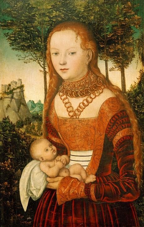 Lucas Cranach der Ältere, Die vom heiligen Chrysostomos vergewaltigte Prinzessin (Baby,Christentum,Damenmode,Deutsche Kunst,Familie,Frau,Kette (Schmuck),Kind,Kunst,Landschaft,Mensch,Mode,Mutter Und Kind,Religion,Schmuck,Renaissance,Portrait,Halskette,Prinzessin,Vergewaltigung,Heiligenlegende,Adel,Halsring,Kleid,Langes Haar,Heiliger,Jun)