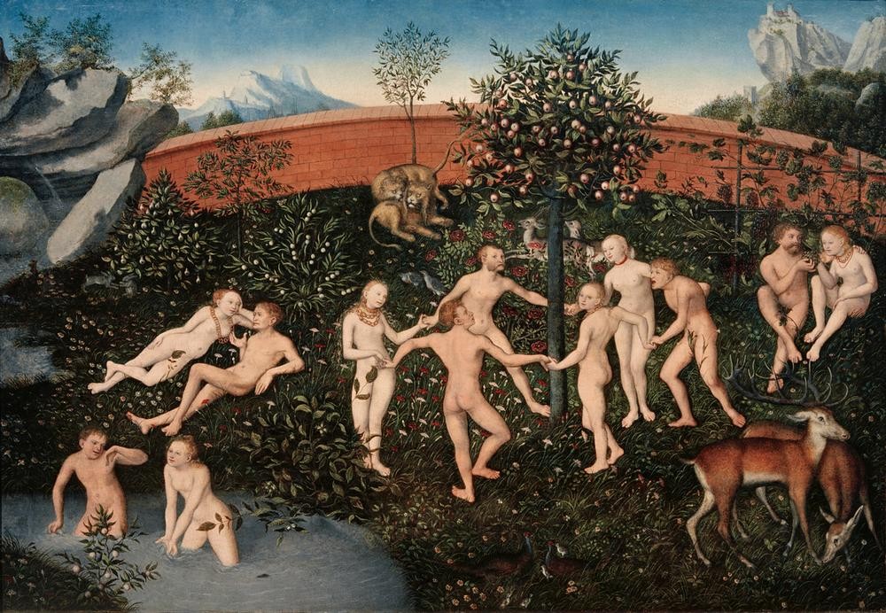Lucas Cranach der Ältere, Das goldene Zeitalter (Bad Im Freien,Bad,Deutsche Kunst,Garten Und Park,Hirsch,Kunst,Landschaft,Liebe,Liebespaar,Literatur,Löwe (Tier),Mensch,Mythologie,Reigen (Tanz),Tanz,Renaissance,Akt,Allegorie,Baum,Liebesgarten,Paradies,Goldenes Zeitalter,Zeitalter,Glück,Reh,Idylle,Heile W)