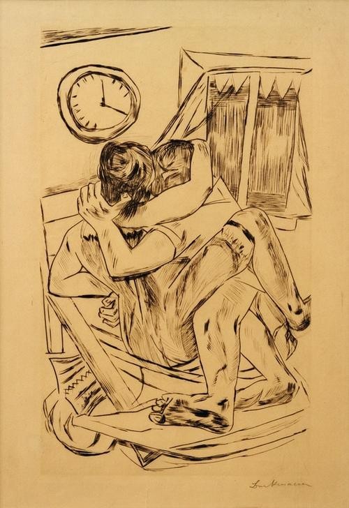 Max Beckmann, Umarmung (Liebe, Liebespaar, Kuss, Zeichnung, Grafik, Expressionismus, Klassische Moderne, Wunschgröße, Wohnzimmer, schwarz/weiß)