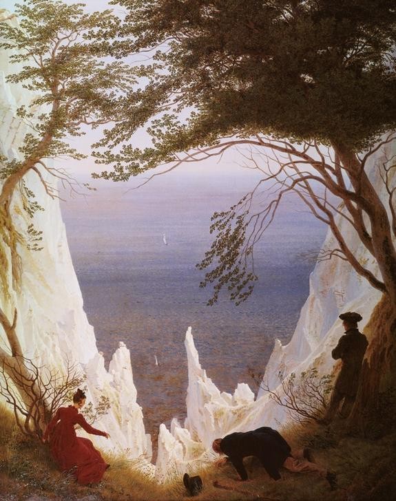 Caspar David Friedrich, Kreidefelsen auf Rügen (Deutsche Kunst,Frau,Geographie,Küste,Kunst,Landschaft,Mann,Mensch,Teilansicht,Meer,Segelboot,Baum,Abgrund,Rückenfigur,Felsen,Kreide,Wanderer,Berühmte Kunstwerke,Steilküste,Romantik,Topographie,Höhenangst,Schwindel (Gefühl),Ausblick,Aussicht,Kreidefelsen)