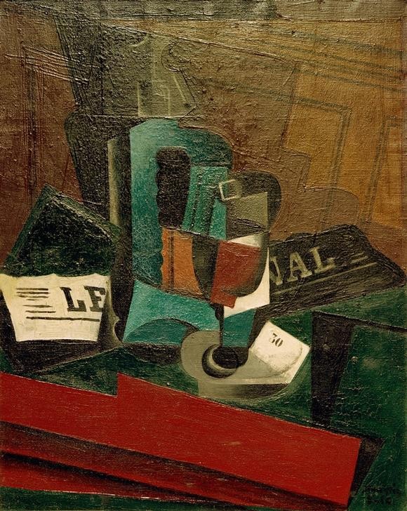 Juan Gris, Syphon, verre et journal (Glas,Kunst,Siphon,Kubismus,Stillleben,Zeitung,Flasche,Spanische Kunst,Französische Kunst,Synthetischer Kubismus,Schrift)