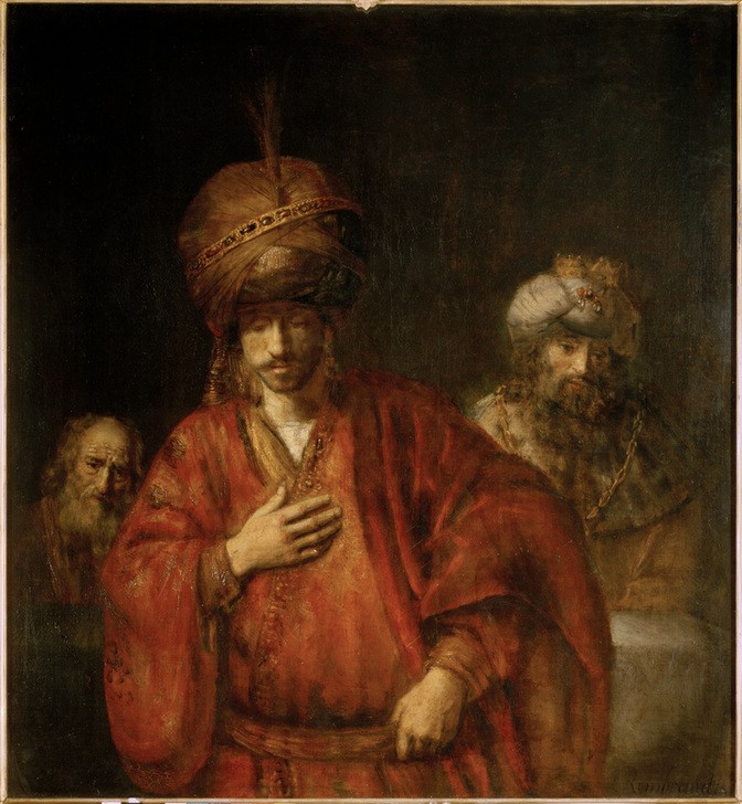 Rembrandt Harmenszoon van Rijn, Haman in Ungnade (Altes Testament,Turban,Orientalismus,Bibel,Niederländische Kunst,Holländische Kunst,Ungnade,Esther Vor Ahasver,Jüdisch-Christlich)