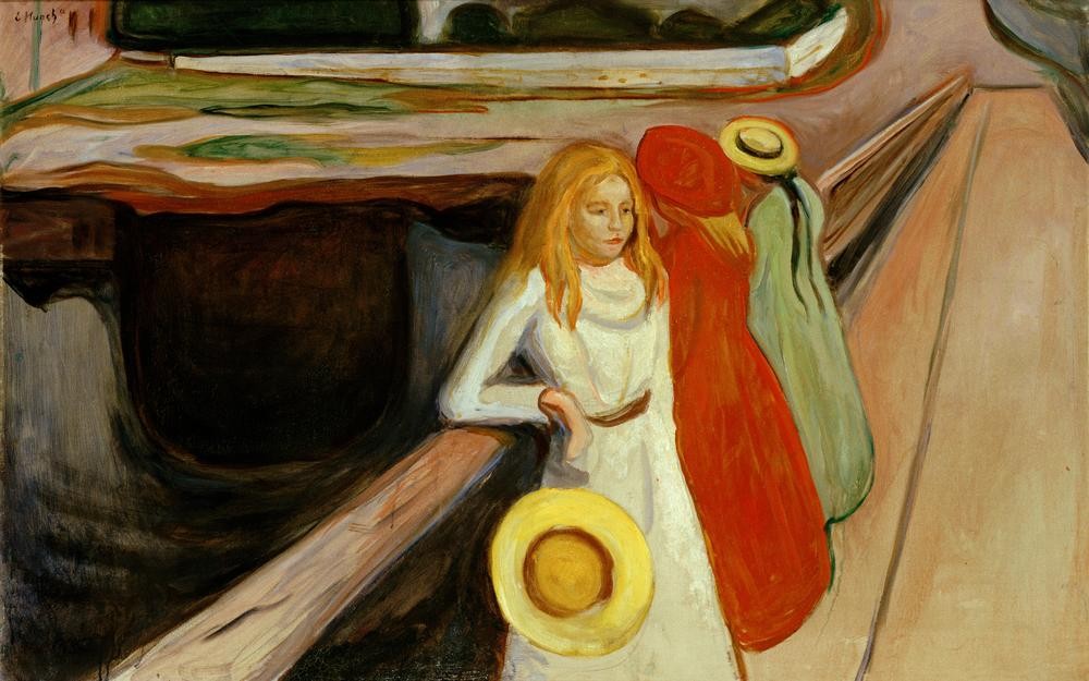 Edvard Munch, Mädchen auf der Brücke (Brücke,Frau,Freundschaft (Allgemein),Jugendstil,Kunst,Mädchen,Freizeit,Spaziergang,Expressionismus,Reise,Langeweile,Norwegische Kunst,Jugendliche,Frauenleben,Nichtstun,Jahrhundertwende,Skandinavische Kunst)