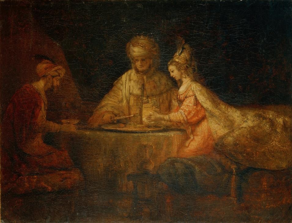 Rembrandt Harmenszoon van Rijn, Gastmahl Esthers mit Ahasver und Haman (Kunst,Barock,Altes Testament,Bibel,Niederländische Kunst,Holländische Kunst,Esther Vor Ahasver)