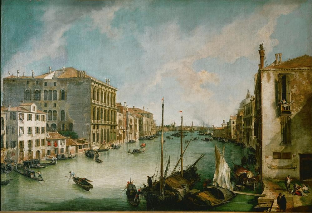 Bernardo Bellotto, Der Canal Grande in Venedig, von San Vio aus gesehen (Venedig, Städte, Architektur,  Canale Grande, Vedute, Stadtansicht, Kanal, Gondeln, historisch, Rokoko, Malerei, Wohnzimmer, Wunschgröße, Klassiker, bunt)