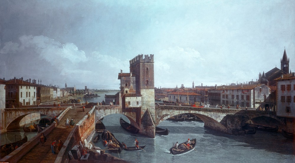 Bernardo Bellotto, Der alte Ponte delle Navi in Verona (Städte, Italien, Verona, Italien, Brücke, Fluss, Architektur, mittelalterliche Stadt, Etsch, Boote, historisch, Malerei, Wohnzimmer, Wunschgröße, Klassiker, bunt)