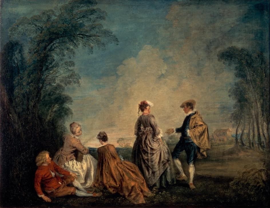 Jean-Antoine Watteau, La propositon embarrasante (Ausflug,Flirt,Jugend (Lebensalter),Kunst,Liebe Und Ehe,Liebespaar,Mensch,Spaziergang,Rokoko,Liebeserklärung,Fetes Galantes,Französische Kunst,Im Freien (Allgemein),Landleben,Landpartie)