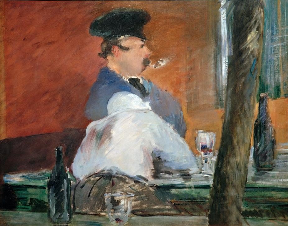 Edouard Manet, Guinguette (Essen Und Trinken,Gartenwirtschaft,Gasthaus,Gastronomie,Glas,Kopfbedeckung,Kunst,Mann,Freizeit,Pfeife (Tabak),Rauchen,Trinken,Restaurant,Flasche,Französische Kunst,Kneipe,Schenke,Sitzen,Raucher,Mütze,Signatur)