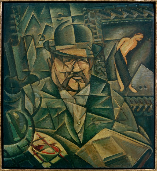 Bohumil Kubista, Bildnis einer Mannes (Buch,Tschechische Kunst,Geometrie,Herrenhut,Kopfbedeckung,Kunst,Literatur,Mann,Mensch,Hut,Kubismus,Bild Im Bild,Portrait,Expressionismus,Geometrisch,Flasche,Die Brücke,Grün,Dreieck,Trinkgeschirr,Viereck,Brustbild,Form,Becher,Tasse,Farbe)