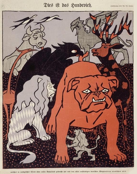 Thomas Theodor Heine, Dies ist das Hundevieh, welches so unsägliches Elend über unser Vaterland gebracht hat und von allen anständigen deutschen Wappentieren verabscheut wird. (Deutsche Kunst,Satire,Jugendstil,Karikatur,Kunst,Publizistik,Maskottchen,Hund,Zeitschrift,Patriotismus,Titelseite,Wappentier,Pressefreiheit,Jahrhundertwende,Kampfhund,Bissiger Hund,Zynismus,Presse (Medien))