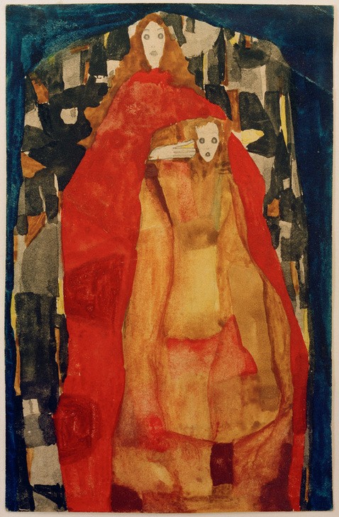 Egon Schiele, Mutter mit Kind in rotem Mantel (Damenmode,Frau,Kind,Kunst,Mädchen,Mantel,Mensch,Mode,Mutter Und Kind,Portrait,Expressionismus,Mutter Und Tochter,Österreichische Kunst,Kleidung (Allgemein),Langes Haar,Doppelportrait,Rot,Blick Aus Dem Bild,Ganzfigurig,Farbe)