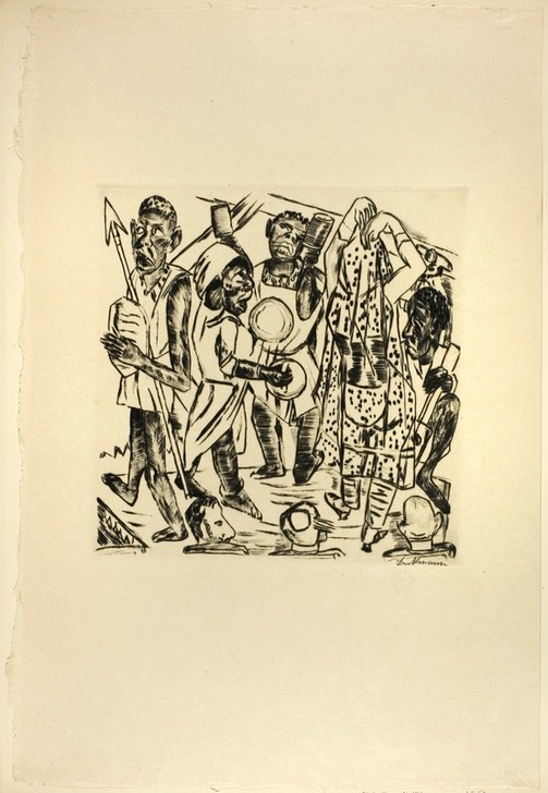 Max Beckmann, The Negro Dance, plate nine from Jahrmarkt (Klassische Moderne, Kreidezeichnung, Jahrmarktzyklus, Tanz der Schwarzen, Expressionismus, Menschen, kantig, kubistisch, schonungslos, drastisch, Wunschgröße, Wohnzimmer, schwarz/weiß)