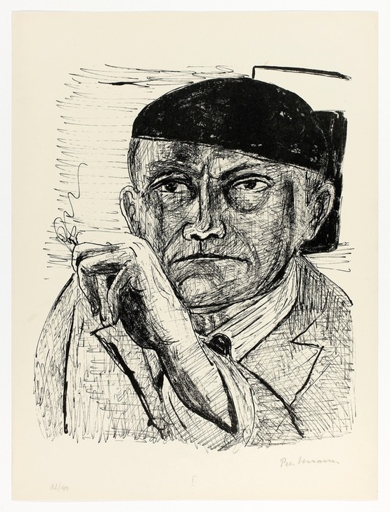 Max Beckmann, Self-Portrait, plate one from Day and Dream (Klassische Moderne, Kreidezeichnung, Tag und Traum Zyklus, Expressionismus, Menschen, kantig, kubistisch, schonungslos, Wunschgröße, Wohnzimmer, schwarz/weiß)