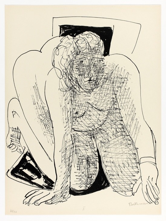 Max Beckmann, Crawling Woman, plate five from Day and Dream (Klassische Moderne, Kreidezeichnung, Tag und Traum Zyklus, Expressionismus, Menschen, kantig, kubistisch, schonungslos, Wunschgröße, Wohnzimmer, schwarz/weiß)