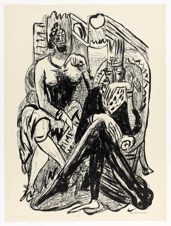Max Beckmann, King and Demagogue, plate eight from Day and Dream (Klassische Moderne, Kreidezeichnung, Tag und Traum Zyklus, Expressionismus, Menschen, kantig, kubistisch, schonungslos, Wunschgröße, Wohnzimmer, schwarz/weiß)