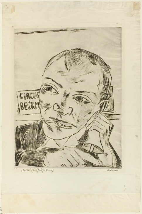 Max Beckmann, The Barker (Self-Portrait), plate one from Der Jahrmarkt (Klassische Moderne, Kreidezeichnung, Jahrmarktzyklus, Ausrufer, Glocke, Selbstportrait, Expressionismus, Menschen, kantig, kubistisch, schonungslos, drastisch, Wunschgröße, Wohnzimmer, schwarz/weiß)