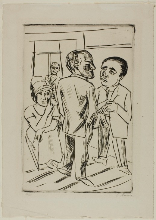Max Beckmann, At the Hotel (The Dollar) (Klassische Moderne, Kreidezeichnung, Männer, Hotel, Expressionismus, Menschen, kantig, kubistisch, schonungslos, Wunschgröße, Wohnzimmer, schwarz/weiß)